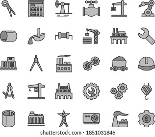 Thin line gray tint vector icon set - repair key vector, crane, tower, hook, gears, adjustable wrench, construction helmet, gear, working oil derrick, valve, factory, hydroelectric station, pipe