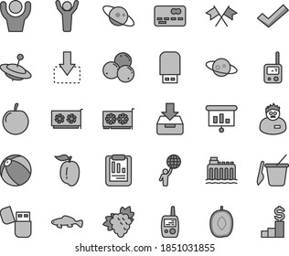 Thin line gray tint vector icon set - check mark vector, baby bath ball, toy phone, mobile, children's sand set, yule, put in a box, move down, small fish, branch of grape, blueberries, ripe, tasty