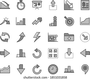 Thin line gray tint vector icon set - lightning vector, downward direction, right, left, growth up, renewal, clockwise, counterclockwise, bar chart, graph, negative, upload folder, timer, size, move