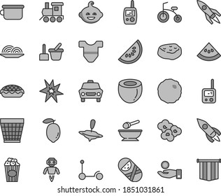 Thin line gray tint vector icon set - wicker pot vector, Child T shirt, tumbler, toy phone, mobile, sand set, deep plate with a spoon, children's potty, funny hairdo, baby train, small yule, bicycle