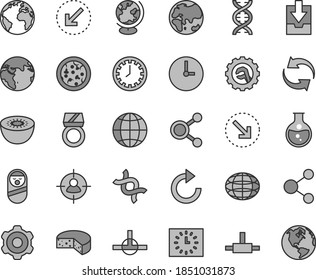 Thin line gray tint vector icon set - sign of the planet vector, clock face, renewal, clockwise, download archive data, roly poly doll, cogwheel, star gear, wall, left bottom arrow, earth, right