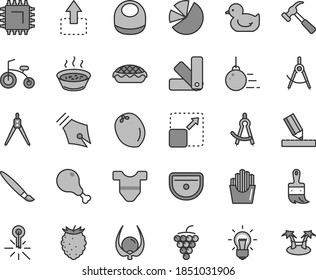 Thin line gray tint vector icon set - tassel vector, baby bib, Child T shirt, duckling, bicycle, big core, color samples, wooden paint brush, sink, drawing, hammer with claw, expand picture, move up