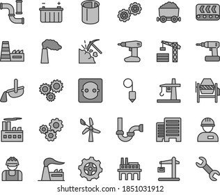 Thin line gray tint vector icon set - tower crane vector, workman, gears, concrete mixer, cordless drill, sewerage, buildings, plummet, coal mining, wind energy, water pipes, manufacture, factory