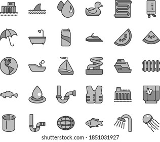 Thin line gray tint vector icon set - rubber duck vector, children's bathroom, bath, shower, siphon, sewerage, heating coil, new radiator, electronic boiler, umbrella, small fish, a glass of tea