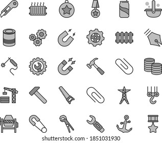 Thin line gray tint vector icon set - clip vector, safety pin, tower crane, winch hook, concrete mixer, adjustable wrench, hand saw, gear, stationery knife, new radiator, hammer, with claw, anchor