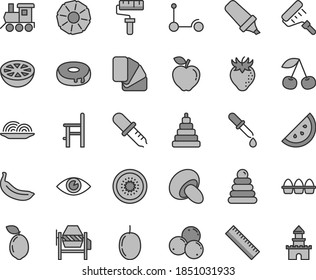 Thin line gray tint vector icon set - paint roller vector, yardstick, stacking rings, toy, a chair for feeding, baby train, Kick scooter, concrete mixer, sample of colour, eye, bundle eggs, onion