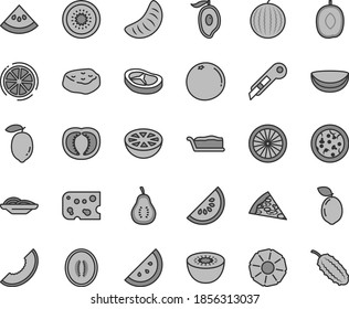 Thin line gray tint vector icon set - stationery knife vector, piece of cheese, pizza, slices onion, cake slice, bacon, meat, orange, water melon, half mango, delicious plum, tangerine, lemon, kiwi