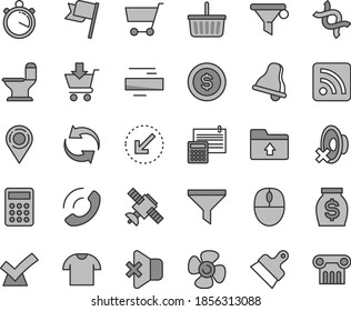 Thin line gray tint vector icon set - bell vector, grocery basket, renewal, minus, silent mode, rss feed, upload folder, comfortable toilet, calculation, putty knife, left bottom arrow, flag, filter