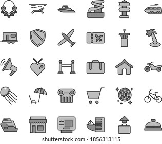 Thin line gray tint vector icon set - plane vector, train, camper, bike, motorcycle, airport tower, rope barrier, suitcase, ticket, baggage, atm, hotel, boungalow, beach, arnchair under umbrella