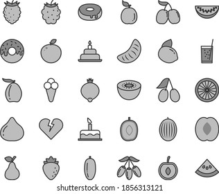 Thin line gray tint vector icon set - cake vector, birthday, broken heart, with a hole, glazed, glass of soda, cone, pear, raspberry, cornels, fig, medlar, blackberry, tasty, melon, loquat, cherry
