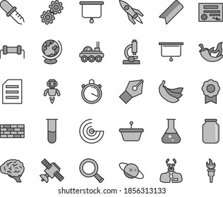Graue dünne Linie, Vektorsymbol-Set - Bookmark-Vektorgrafik, Zickwerk, Chilis, Bananen, Glas, Pfanne, Datei, Kolben, Teströhre, Mikroskop, Zoom, Gehirn, Zahnräder, Satellit, Pipette, Globus, Wissenschaftler, Radar, Medaille
