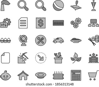 Thin line gray tint vector icon set - bath ball vector, funny hairdo, small yule, globe, right bottom arrow, bundle of eggs, slices onion, a plate milk, sushi set, coal mining, leaves, manufacture