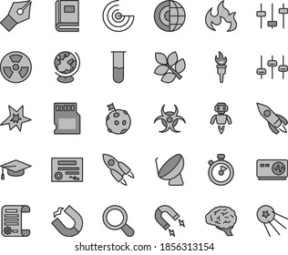 Thin line gray tint vector icon set - radiation hazard vector, magnet, horseshoe, satellite dish, rocket, research article, sd card, test tube, zoom, brain, settings, book, biohazard, globe, flame