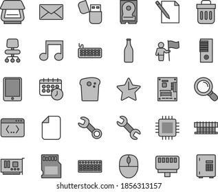 Thin line gray tint vector icon set - star vector, notes, Easter cake, Glass bottle, tablet pc, radiator fan, mouse, keyboard, tower, motherboard, cpu, card, hdd, scanner, usb flash, trash bin, note