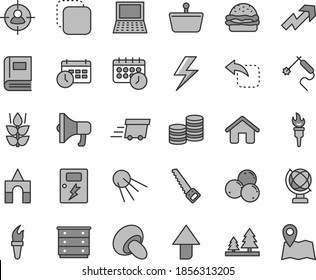 Thin line gray tint vector icon set - lightning vector, upward direction, growth up, chest of drawers, box bricks, house, arm saw, dangers, globe, megaphone, artificial satellite, copy, move left