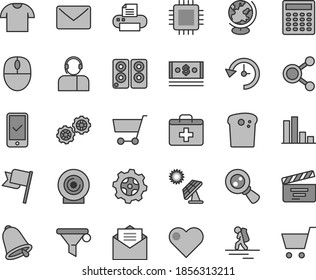 Thin line gray tint vector icon set - first aid kit vector, movie cracker, gears, bell, received letter, heart, flag, T shirt, operator, lens, Easter cake, big solar panel, gear, cart, water filter