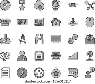 Thin line gray tint vector icon set - fried egg vector, mouse, pc power supply, card, monitor, web camera, cd, network, connect, schedule clock, file, molecule, atom, gears, globe, clipboard, cup