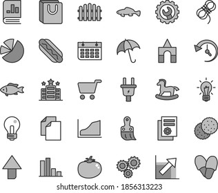 Thin line gray tint vector icon set - incandescent lamp vector, upward direction, clean paper, growth chart, small rocking horse, box of bricks, plastic brush, hawser, gear, hedge, umbrella, Hot Dog