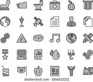 Thin line gray tint vector icon set - danger of electricity vector, sign the planet, clean paper, scribbled, first aid kit, Baby chair, e, winch hook, comfortable toilet, writing accessories, drop