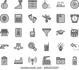 Thin line gray tint vector icon set - calculator vector, upload folder, storage unit, toy phone, potty chair, footprints, drum, big core, alarm clock, notebook, move left, a glass of soda, apple, cd