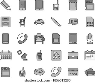 Thin line gray tint vector icon set - tassel vector, desktop microphone, calendar, bank card, rss feed, toy phone, mobile, a chair for feeding child, concrete mixer, smartphone, nightstand, call, sd