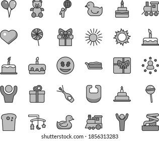 Thin line gray tint vector icon set - heart symbol vector, toys over the cradle, bib, rubber duck, baby duckling, teddy bear, toy train, children's, colored air balloons, cake, birthday, gift, slice