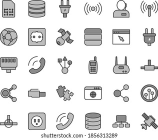 Thin line gray tint vector icon set - Puzzle vector, power socket type b, f, big data, phone call, plug, electric, SIM, connection, connections, scheme, dispatcher, mobile, usb, router, network