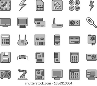 Thin line gray tint vector icon set - lightning vector, floppy disk, monitor, window, bank card, calculator, rss feed, electronic thermometer e, screen, cards, math actions, processor, SIM, engineer