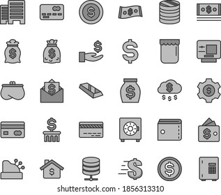 Thin line gray tint vector icon set - bank card vector, purse, dollar, buildings, big data server, strongbox, jam, reverse side of a, front the, column coins, denomination, get wage, money, dollars