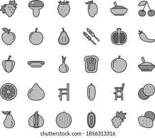 Thin line gray tint vector icon set - a chair for feeding vector, child, mini hot dog, mushroom, bowl of buckwheat porridge, rice, barbecue, biscuit, sandwich, cherry, half pomegranate, grape, fig