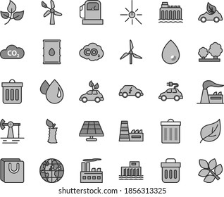 Thin line gray tint vector icon set - bin vector, dust, drop, bag with handles, apple stub, solar panel, working oil derrick, leaves, leaf, gas station, windmill, wind energy, factory, hydroelectric