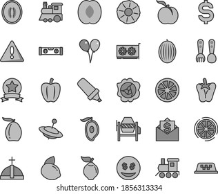 Thin line gray tint vector icon set - warning vector, plastic fork spoons, baby toy train, children's, yule, colored air balloons, concrete mixer, building level, peper, ripe peach, squash, quince