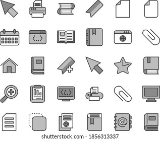 Thin line gray tint vector icon set - monitor window vector, clip, add bookmark, clean sheet of paper, zoom, book, e, books, home, star, notebook, address, copy, statistical report, calendar, coding