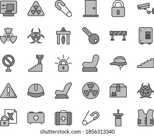 Thin line gray tint vector icon set - warning vector, prohibition, Baby chair, car child seat, safety pin, open, bag of a paramedic, medical, key, ntrance door, construction helmet, road fence, lock