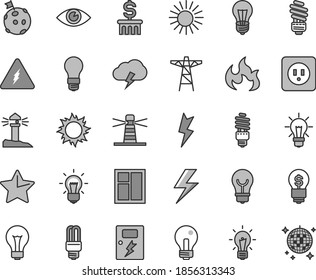 Thin Line Gray Tint Vector Icon Set - Lightning Vector, Matte Light Bulb, Incandescent Lamp, Window, Saving, Power Socket Type B, Dangers, Star, Eye, Storm Cloud, Pole, Energy, Mercury, Lighthouse