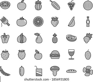 Thin line gray tint vector icon set - vector e, loaf, burger, spaghetti, mushroom, bacon, tomato, peper, garlic, glass, bottle of soda, a pineapple, grape, large, pear, apricot, strawberry, mulberry
