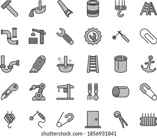 Thin line gray tint vector icon set - clip vector, safety pin, open, iron fork spoons, crane, tower, hook, winch, adjustable wrench, hand saw, stepladder, ladder, sewerage, ntrance door, gear, knife