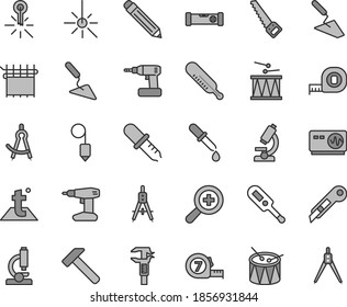 Thin line gray tint vector icon set - graphite pencil vector, zoom, electronic thermometer e, mercury, drumroll, drum, trowel, building, cordless drill, arm saw, measuring tape, long meashuring
