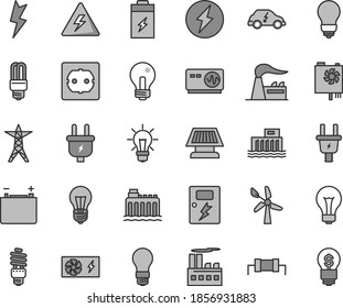 Thin line gray tint vector icon set - danger of electricity vector, matte light bulb, incandescent lamp, power socket type f, lightning, dangers, charging battery, wind energy, factory, accumulator