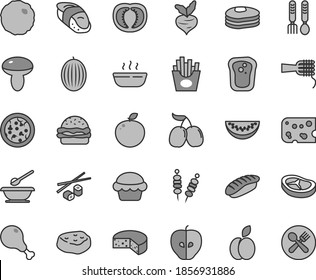 Thin line gray tint vector icon set - plates and spoons vector, iron fork, piece of cheese, fried vegetables on sticks, pizza, burger, noodles, mushroom, cake, hot porridge, chicken leg, bacon, meat