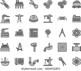 Thin line gray tint vector icon set - crane vector, hook, cogwheel, adjustable wrench, sewerage, construction helmet, valve, factory, hydroelectric station, hydroelectricity, power pole, enterprise