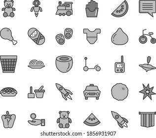Thin line gray tint vector icon set - image of thought vector, wicker pot, Child T shirt, tumbler, toy phone, sand set, teddy bear, small, children's train, yule, bicycle, Kick scooter, car, onion