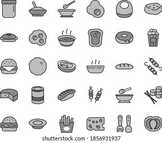 Thin line gray tint vector icon set - baby bib vector, deep plate with a spoon, plates and spoons, plastic fork, piece of cheese, loaf, tin, fried vegetables on sticks, big burger, cake hole, pie