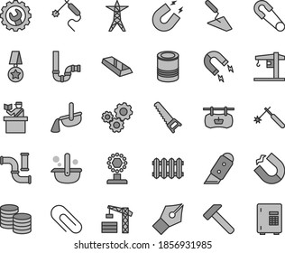 Thin line gray tint vector icon set - clip vector, safety pin, crane, tower, trowel, hand saw, siphon, gear, knife, new radiator, hammer, coins, tin, water pipes, power line, magnet, horseshoe, gas