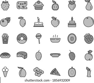 Thin line gray tint vector icon set - cake vector, piece of cheese, pizza, mini hot dog, muffin, birthday, glazed with a hole, apple pie, porridge, Chupa Chups, popcorn, cup, cone, blueberries, red