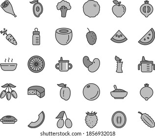 Juego de iconos vectoriales de tono gris de línea delgada - taza para alimentación vectorial, taza de medida, botella, queso, pastel, un cuenco de avena de arroz, caliente, pierna de pollo a la parrilla, col, rodaja de naranja, manzana roja, túneles, medallero