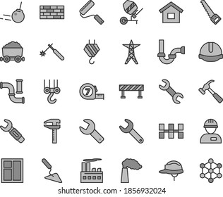 Thin line gray tint vector icon set - repair key vector, dwelling, workman, brickwork, hook, winch, building trowel, concrete mixer, window, arm saw, long meashuring tape, new roller, sewerage, core