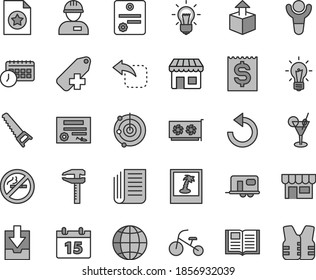 Thin line gray tint vector icon set - counterclockwise vector, add label, download archive data, tricycle, workman, hand saw, calendar, book, earth, kiosk, unpacking, move left, calipers, agenda