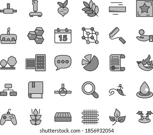 Thin line gray tint vector icon set - minus vector, e, new roller, city block, brick, calendar, flowchart, torte, mint, honeycombs, hot pepper, beet, leaves, trees, weaving, drop of oil, pie charts