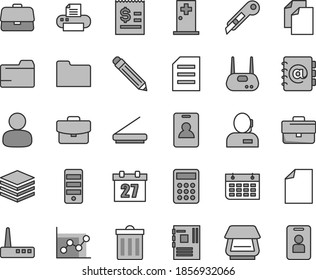 Thin line gray tint vector icon set - daily calendar vector, briefcase, bin, graphite pencil, clean sheet of paper, folder, graph, stationery knife, pile, address book, suitcase, man, dispatcher